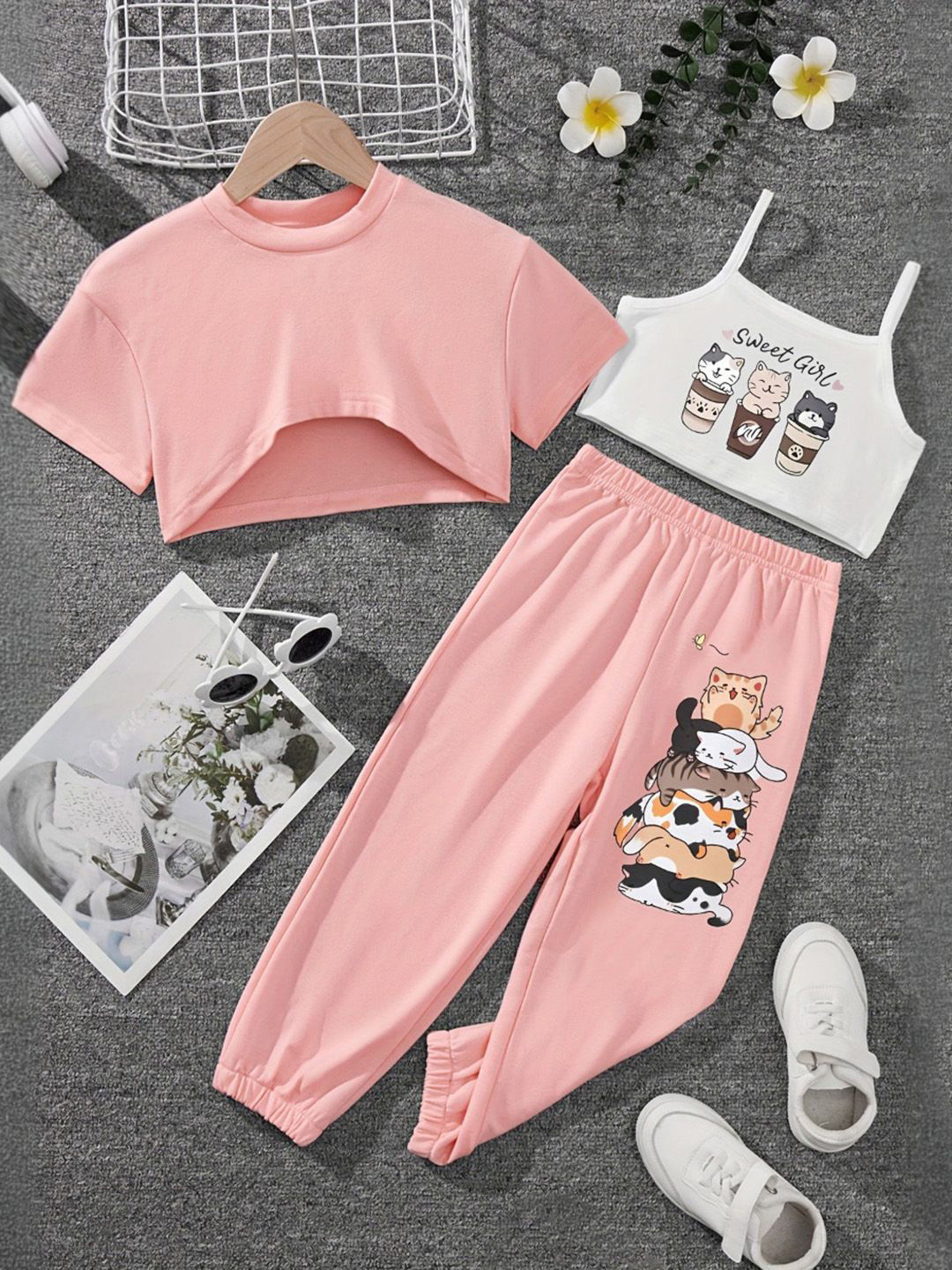 INCLUD Girls Short Sleeves Crop top With Cami Top And  Joggers