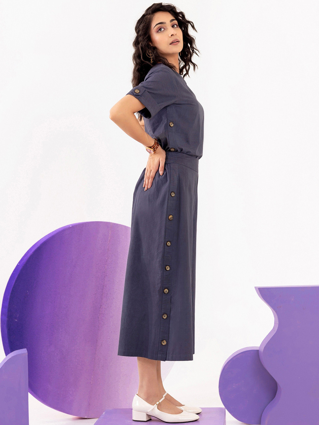 Aralia Cotton Round Neck Top With Midi Skirt Co-Ords