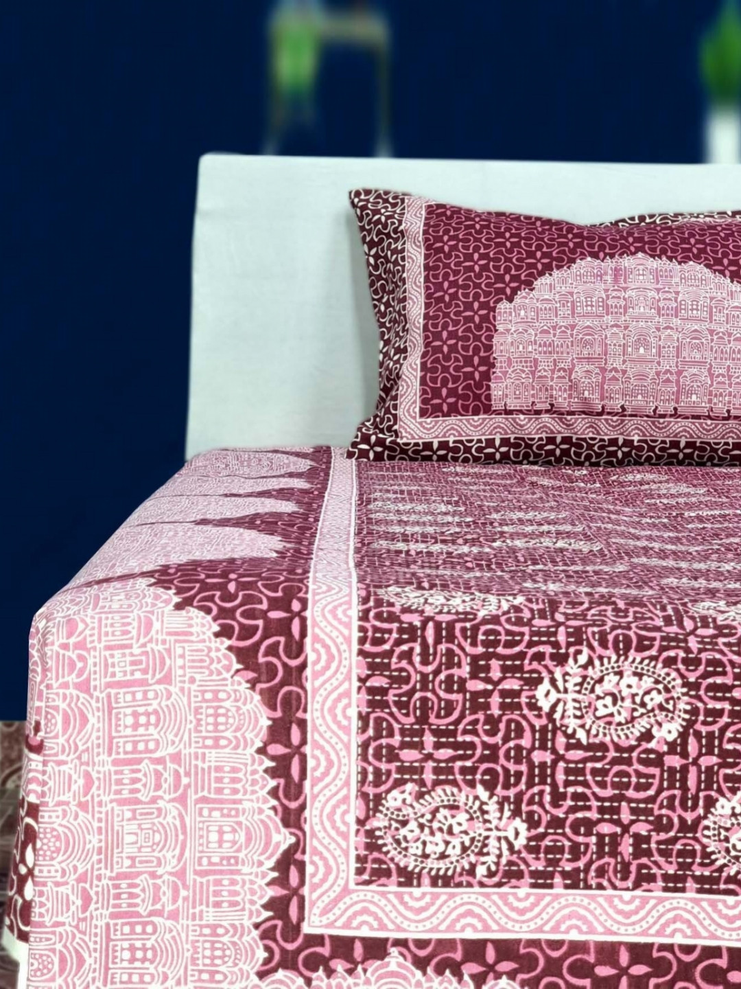 Marika Rajwada Luxe Collection Pink Ethnic Motifs Cotton Breathable 250 TC King Fine Bedsheet with 2 Pillow Covers-236 x 274 cm