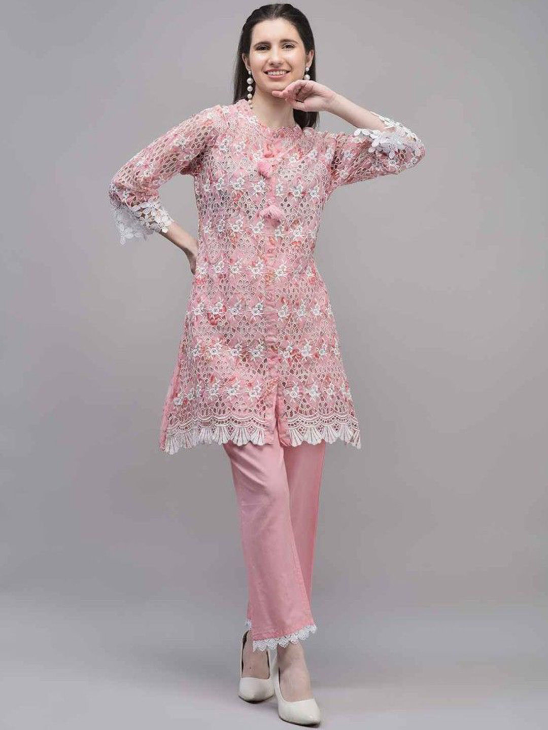 Aralia Embroidered Round Neck Top With Trousers Co-Ords