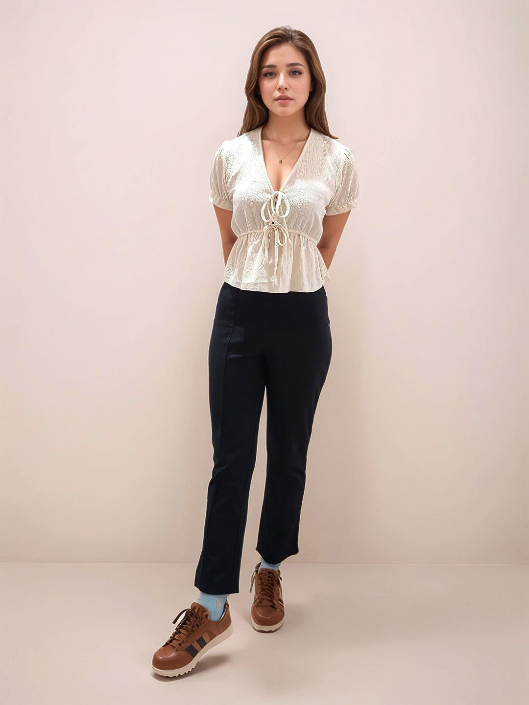 Zink London Women Off White Textured V-Neck Half V-Blouses & Tops