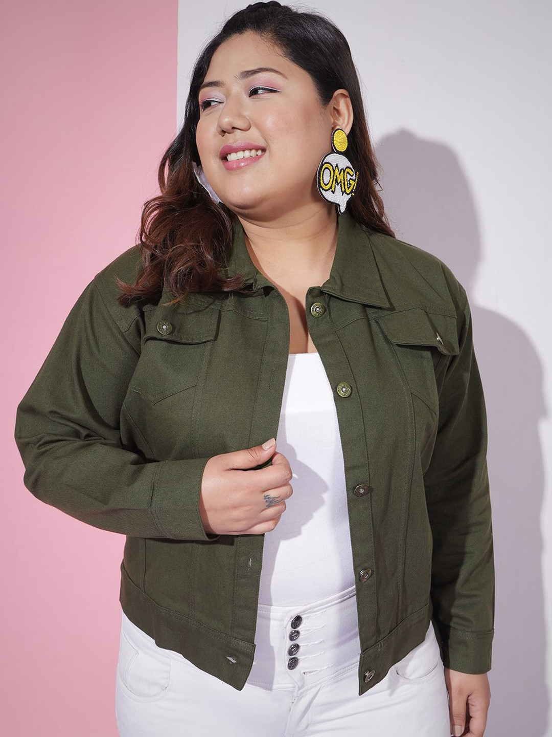 QIOA Plus Size Spread Collar Long Sleeves Lightweight Denim Jacket