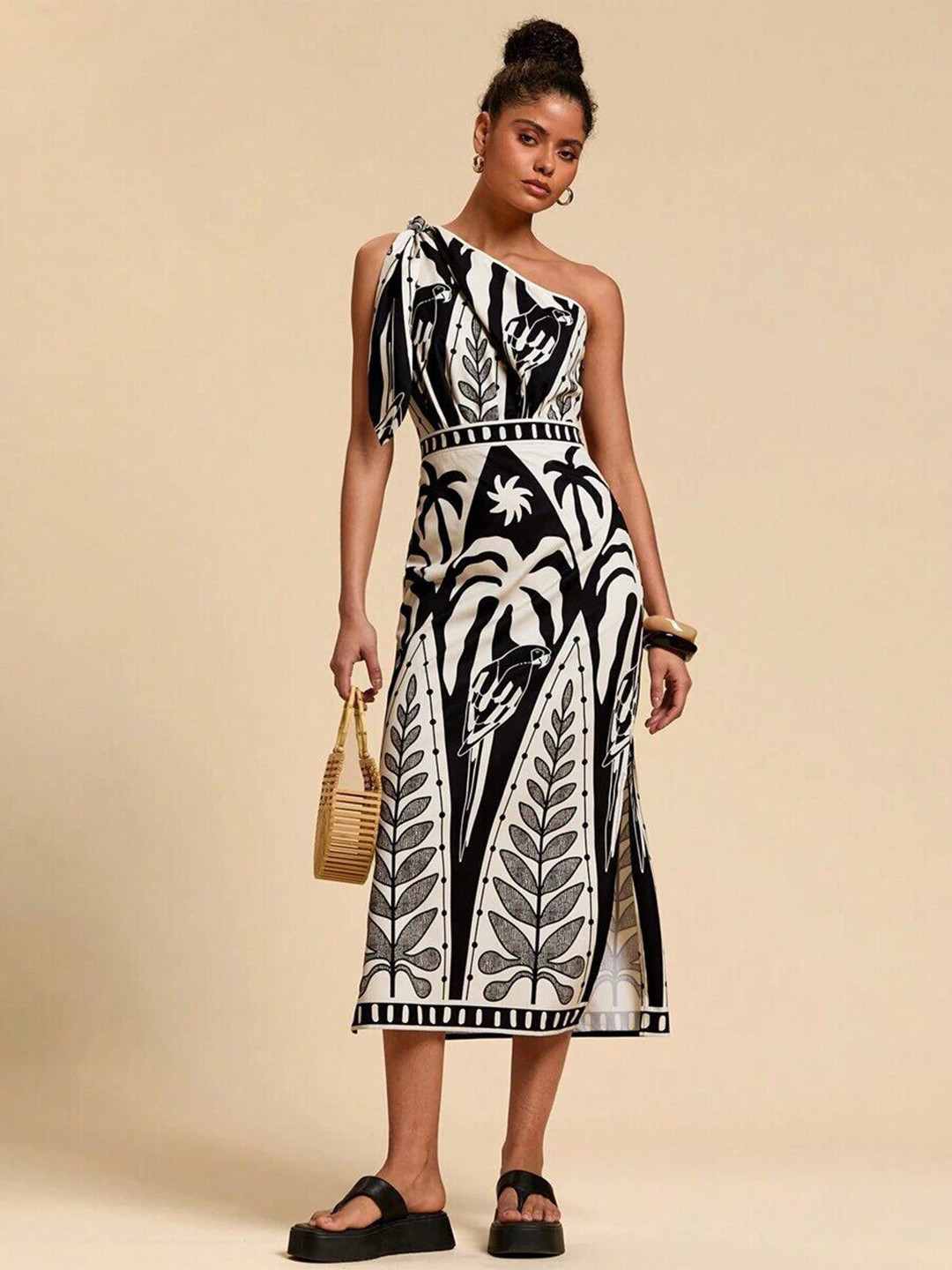 Routes by All About You Women Tropical Print One Shoulder A-Line Midi Dress