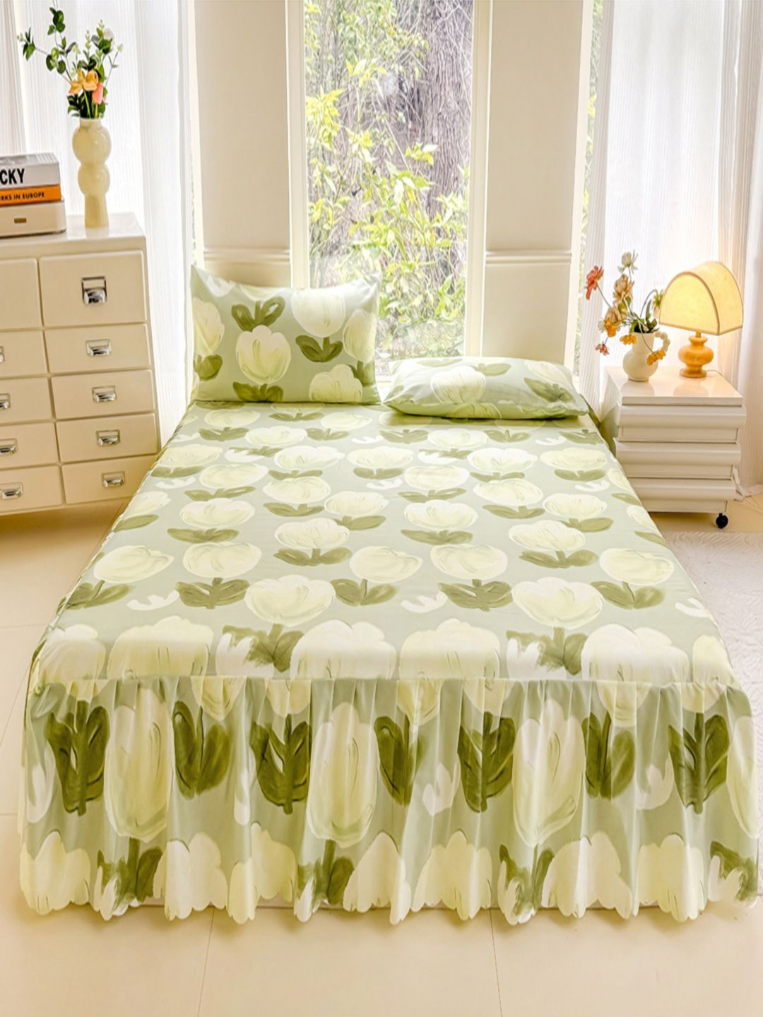 JC HOME Green Floral Polycotton 140 TC Fitted Super King Bedsheet with 2 Pillow Covers-79 x 91 inches
