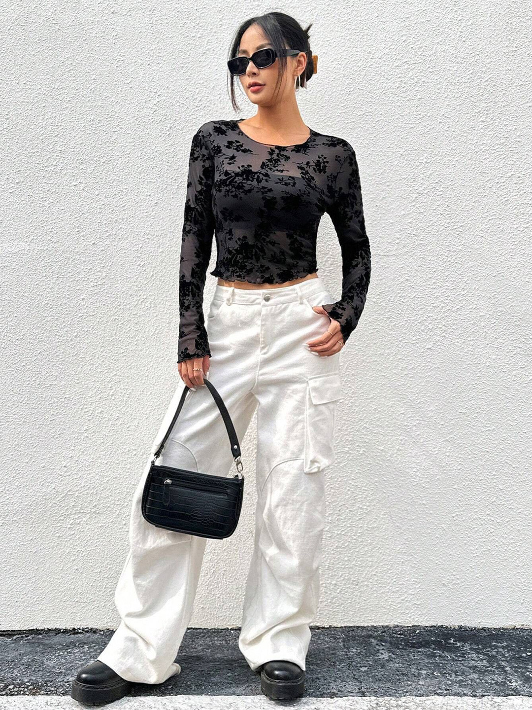 bebe Black Sheer Mesh Floral-Flocked Long Sleeve Top