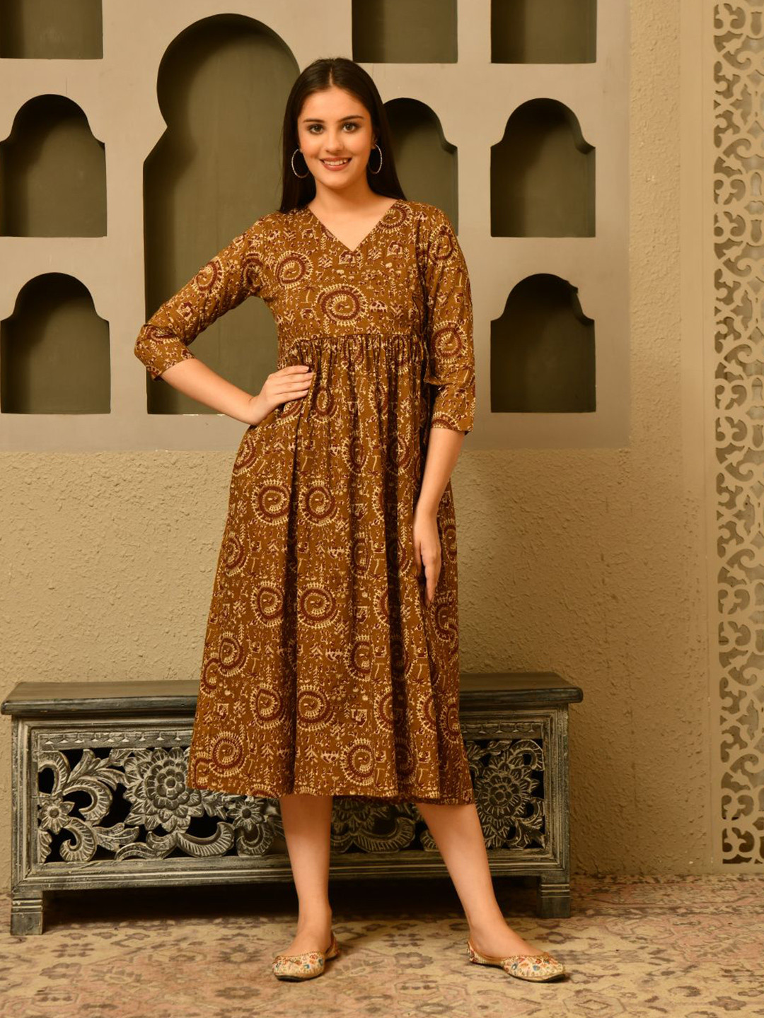 DECKEDUP Print Fit & Flare CottonMidi Dress