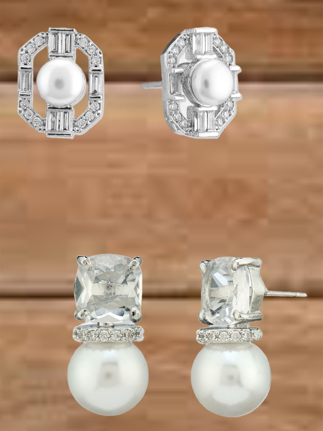 ATIBELLE Set Of  2 Silver Plated Cubic Zirconia Studded Geometric Shape Studs