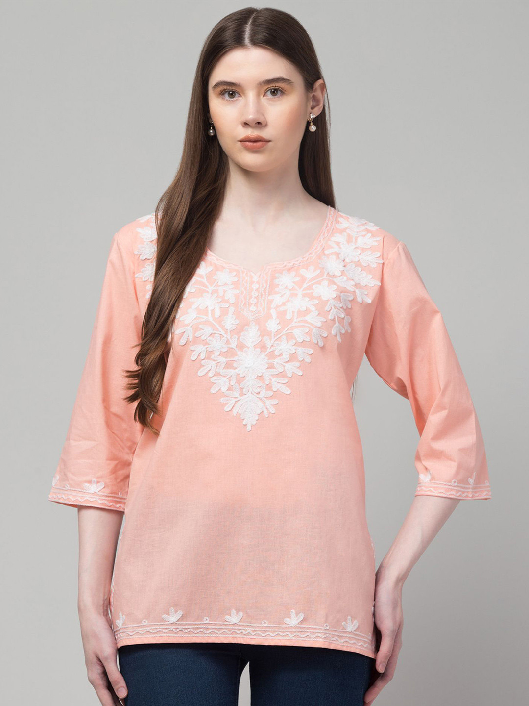 CROWN KING Women Floral Embroidered Aari Work Pure Cotton Kurti