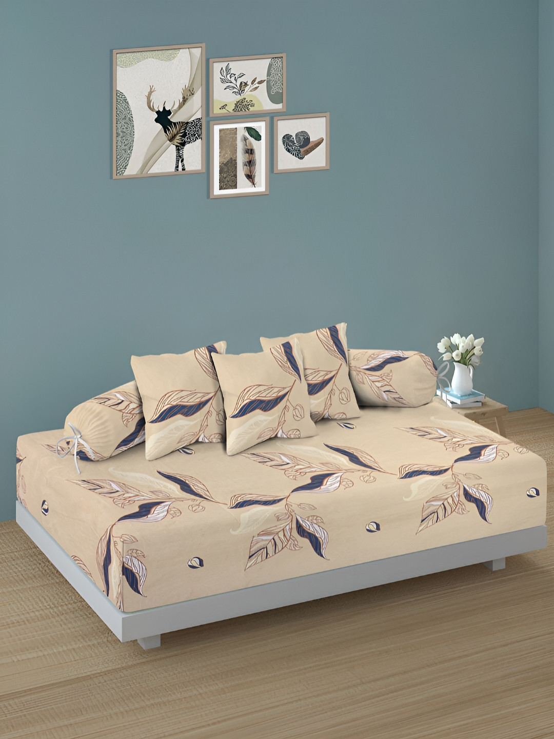 Arrabi 6Pcs Cream-Colored & Blue Leaf-Printed Skin-Friendly Superfine Quality Diwan Set