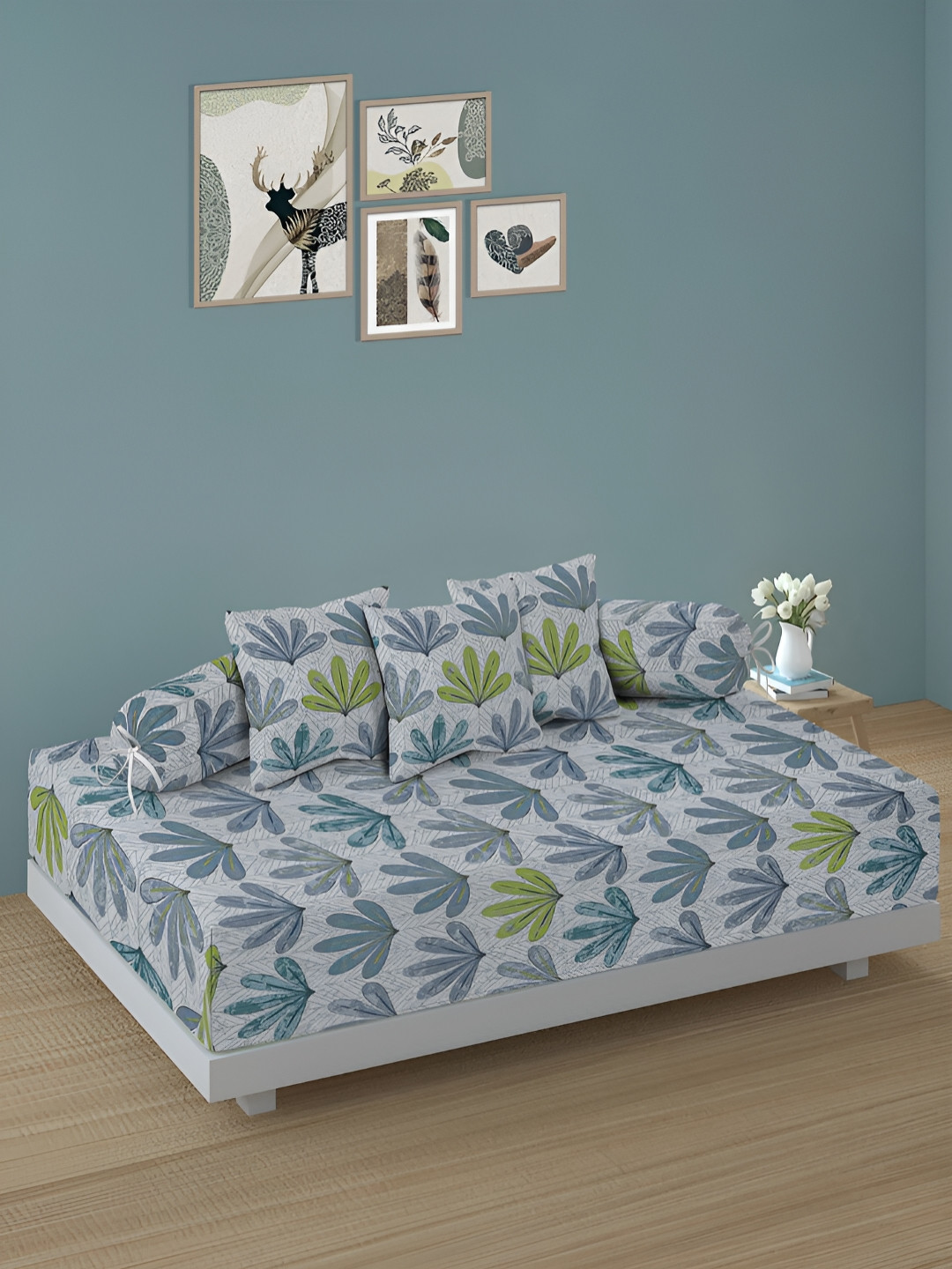 Arrabi 6-Pc Cream-Colored & Blue Floral Printed Skin-Friendly Superfine Quality Diwan Set