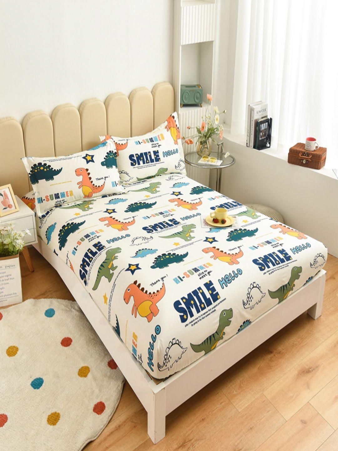 JC HOME White Cartoon Characters Pure Cotton 220 TC Fitted Single Fine Bedsheet with a Pillow Cover-48 x 74 inches