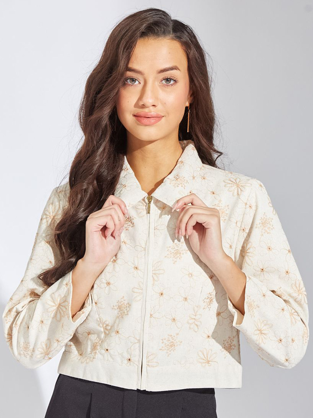 Latin Quarters Women Original Fit Floral Self Design Spread Collar Linen Casual Shirt