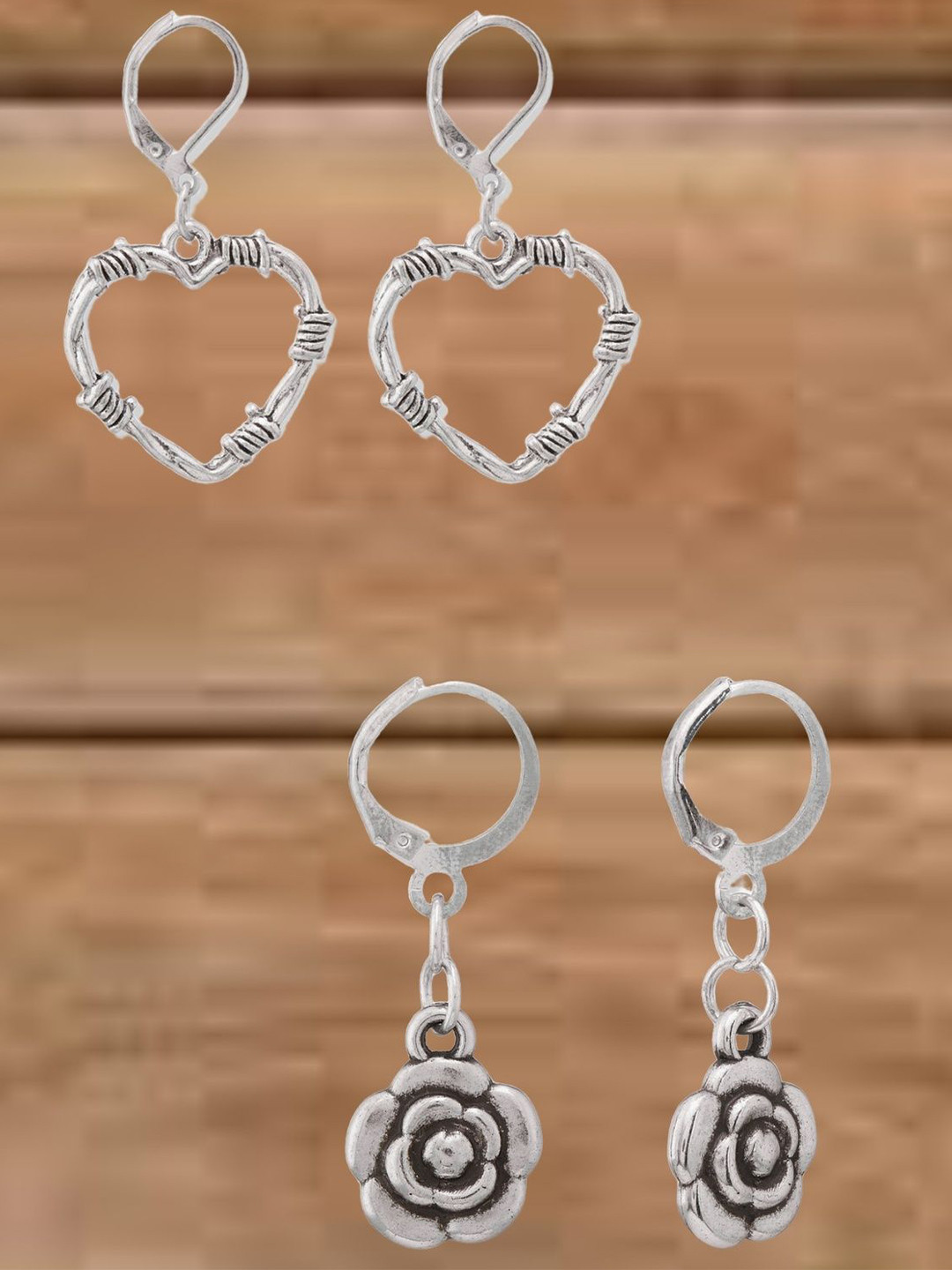 ATIBELLE Set Of  2 German Silver Plated Heart Shape Drop Earrings