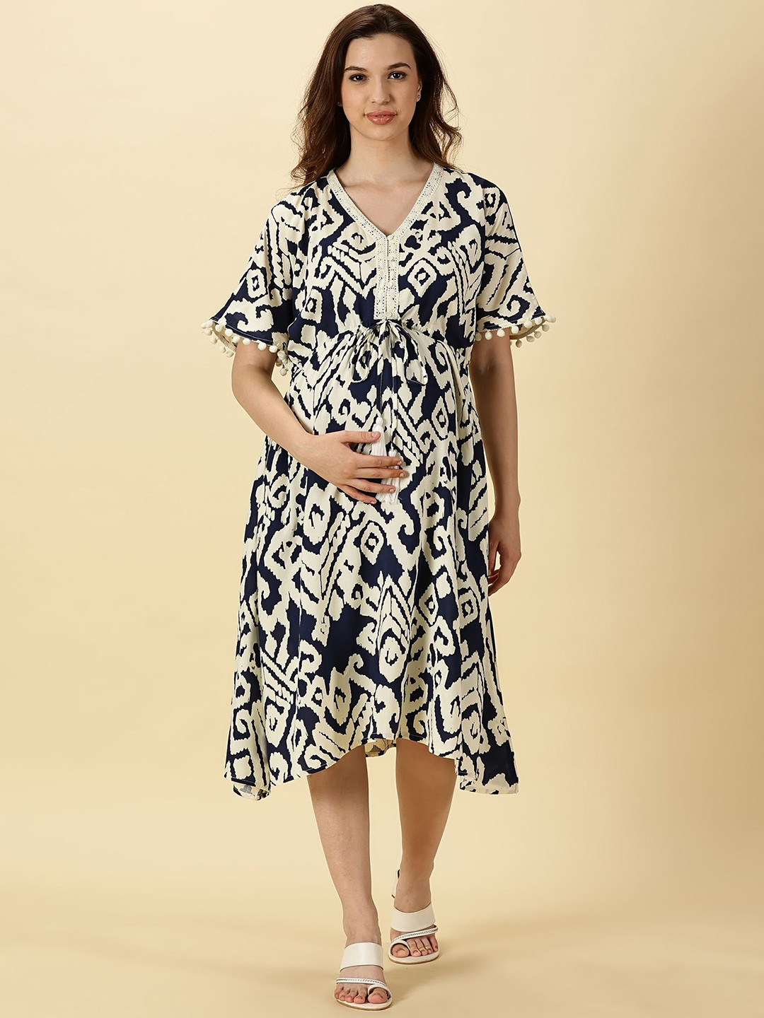 PURPLE FLAUNT Women Print Flared Sleeve Maternity Navy Fashion Kaftan Midi Dress