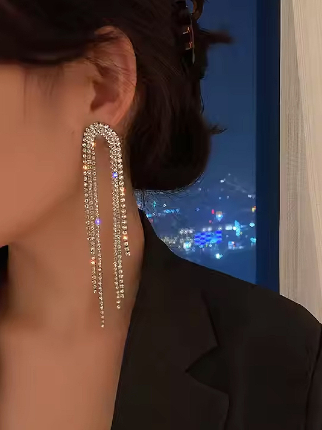 DKane Designs Gold Plated Rhinestone Studded Tasselled Contemporary Drop Earrings