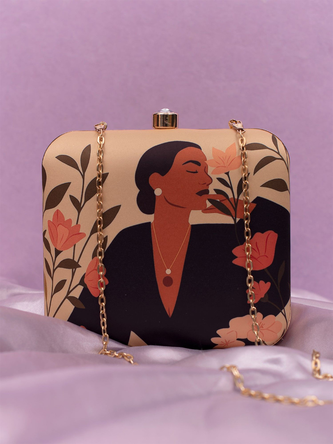 ARTKLIM Woman With Flowers Printed Buckle Detail Box Clutch