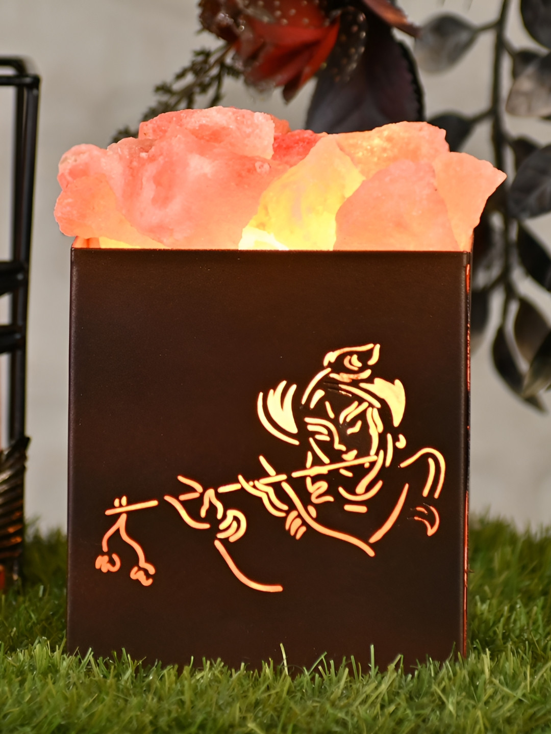 GLOBAL AROMA Pink & Brown Himalayan Rock Salt Hare Krishna Square Table Lamp