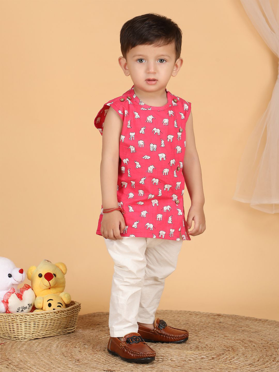 Polka Tots Unisex Kids Animal Printed Sleeveless Pure Cotton Jhabla With Pyjamas