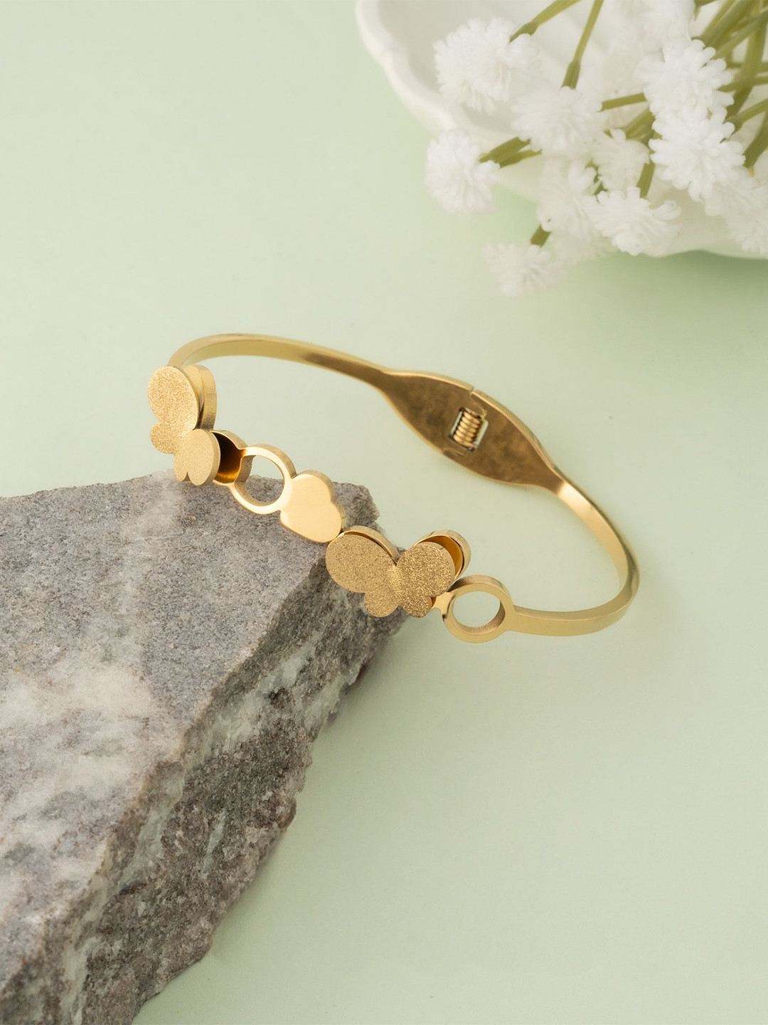 RHOSYN Stainless Steel Gold Plated Emerald Studded Cuff Bracelet