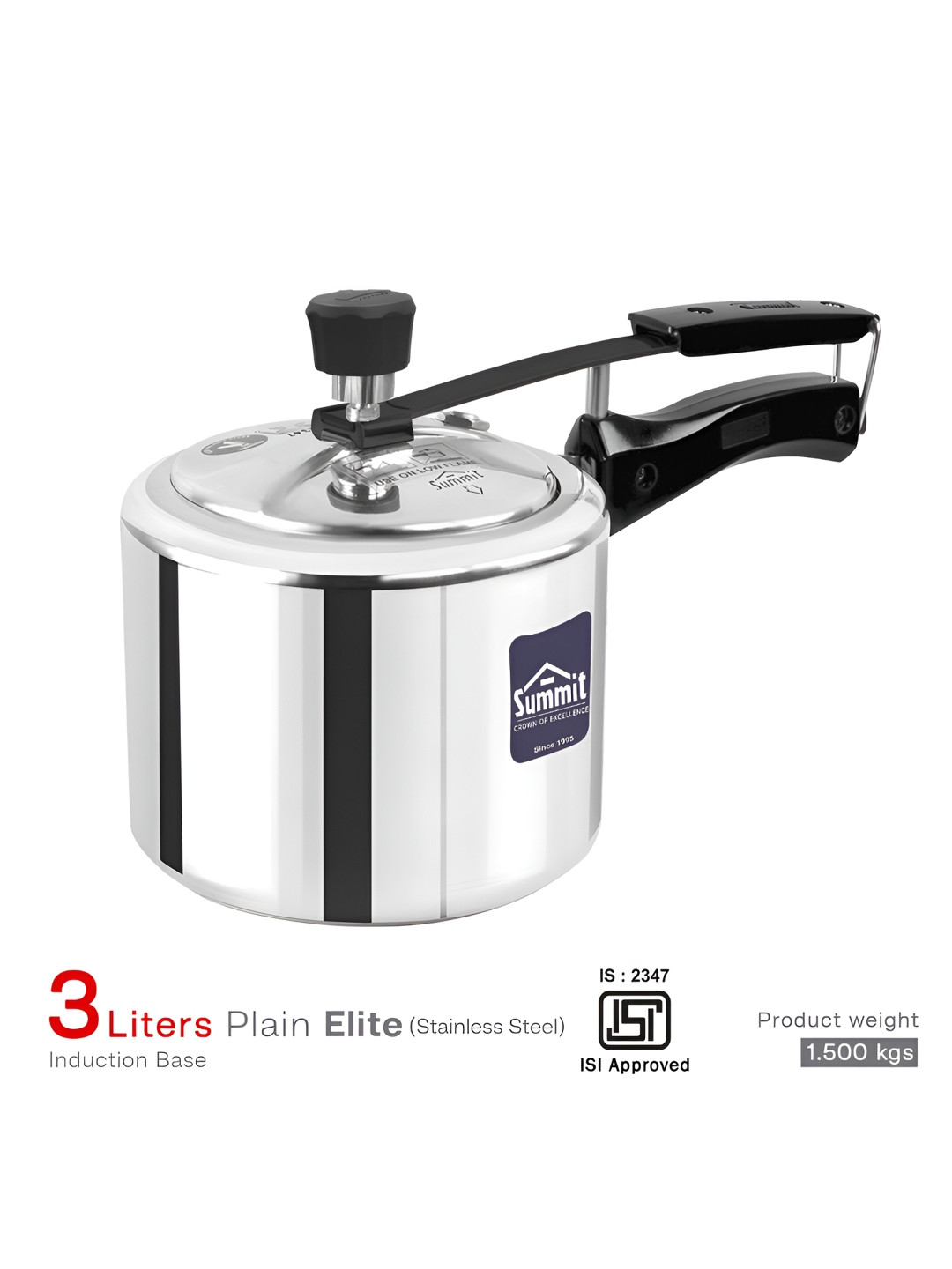 SUMMIT Elite Silver Tri-Ply Stainless Steel Dishwasher Safe Induction Inner Lid Pressure Cooker-3 L