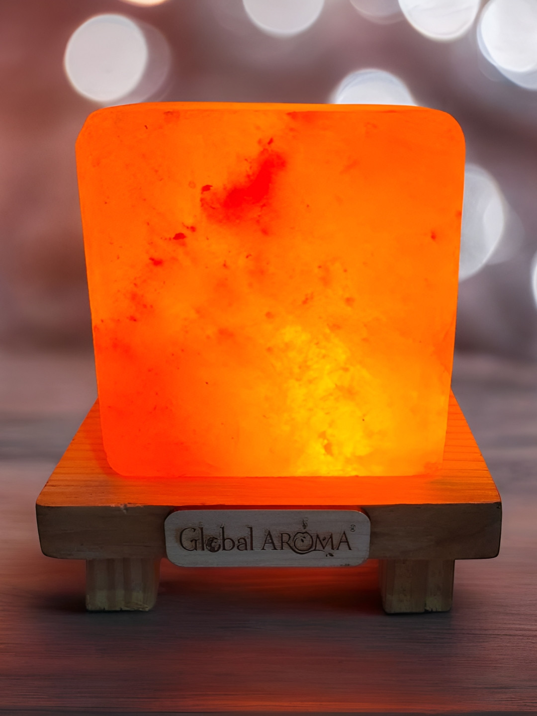 GLOBAL AROMA Pink Himalayan Rock & WoodenMini Cube Contemporary Square Table Lamp