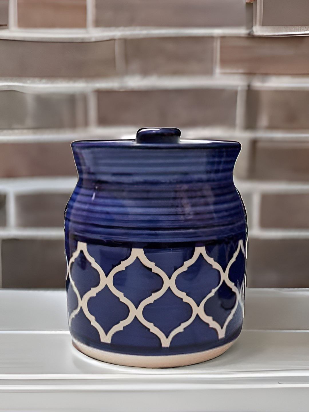 Kraftlik Handicraft Blue Argyle Ceramic Easy To Clean Flip Top Canister-1L