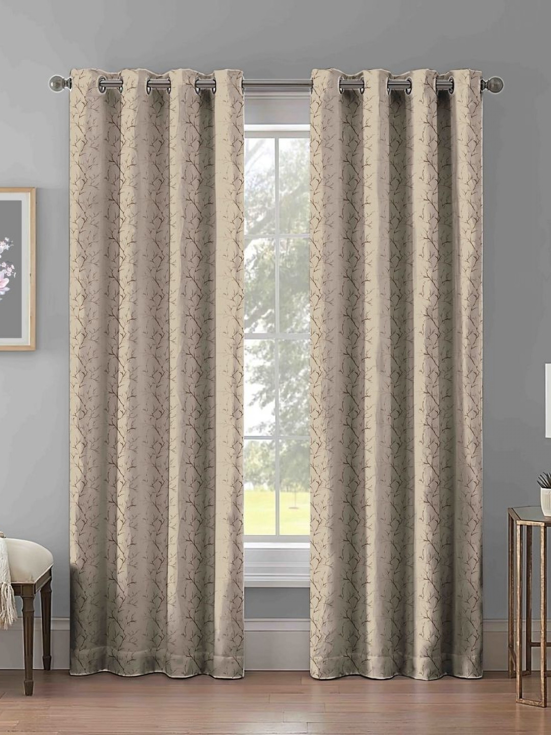 Myntra Elegant Homes Beige & Gold Toned 2 Pieces Printed Black Out Long Door Curtains