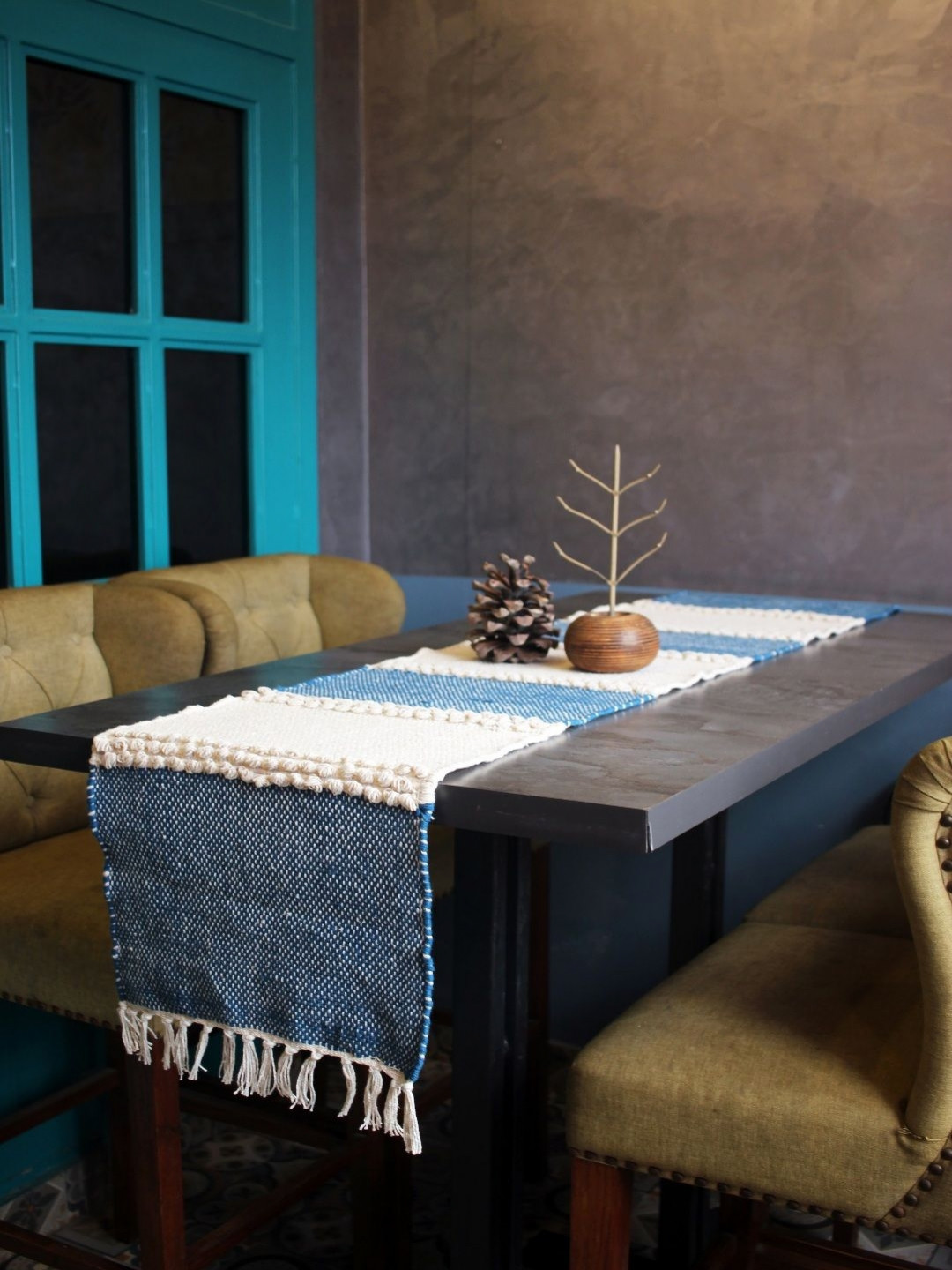 INDIAN HOME FAB Blue & White Rectangular Table Runner