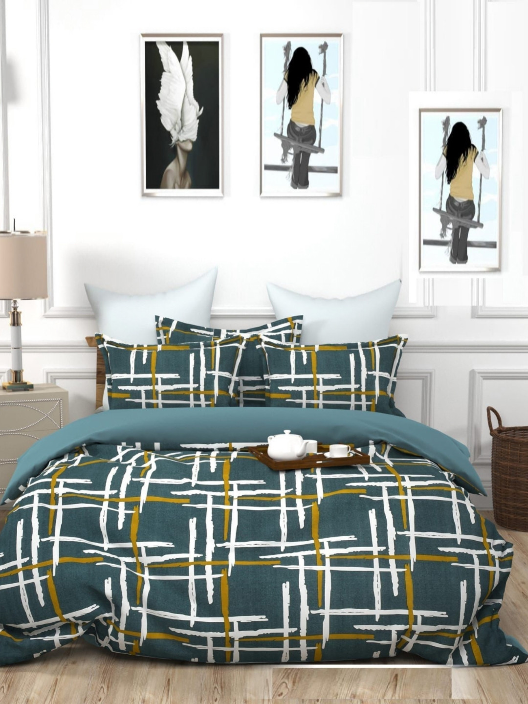 Aura Green Abstract Microfiber 144 TC Fitted King Bedsheet with 2 Pillow Covers-228 x 254cm