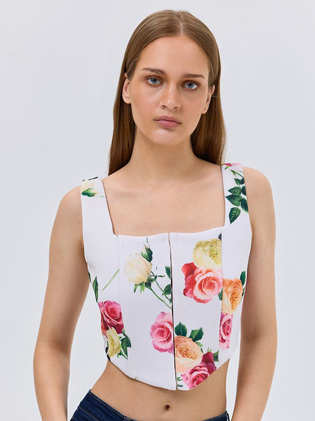 COVER STORY Women Floral Printed Square Neck Corset Crop Top