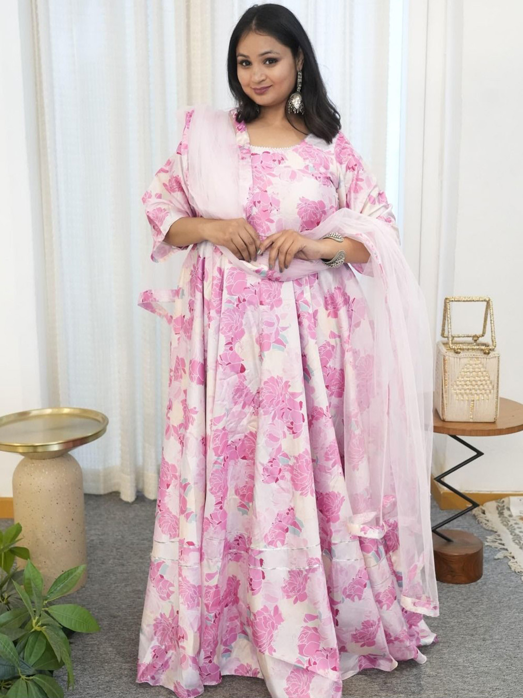 Swadeshi Shringaar Shades Of Pink Floral Silk Anarkali Set