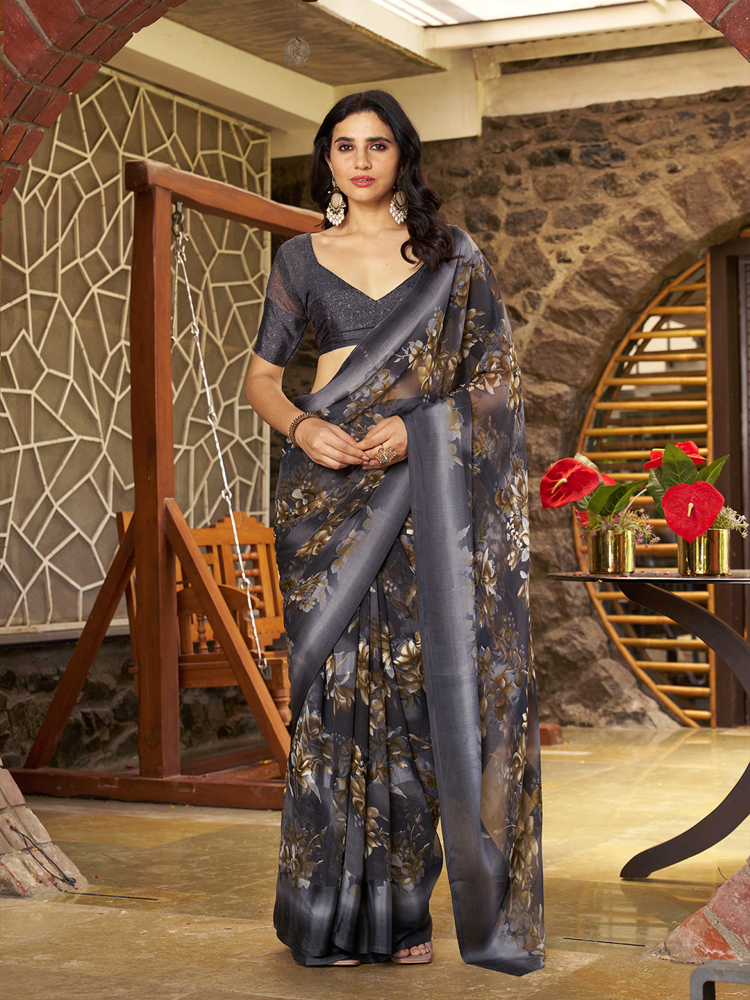 SANJANA SILK Floral Satin Bagh Saree
