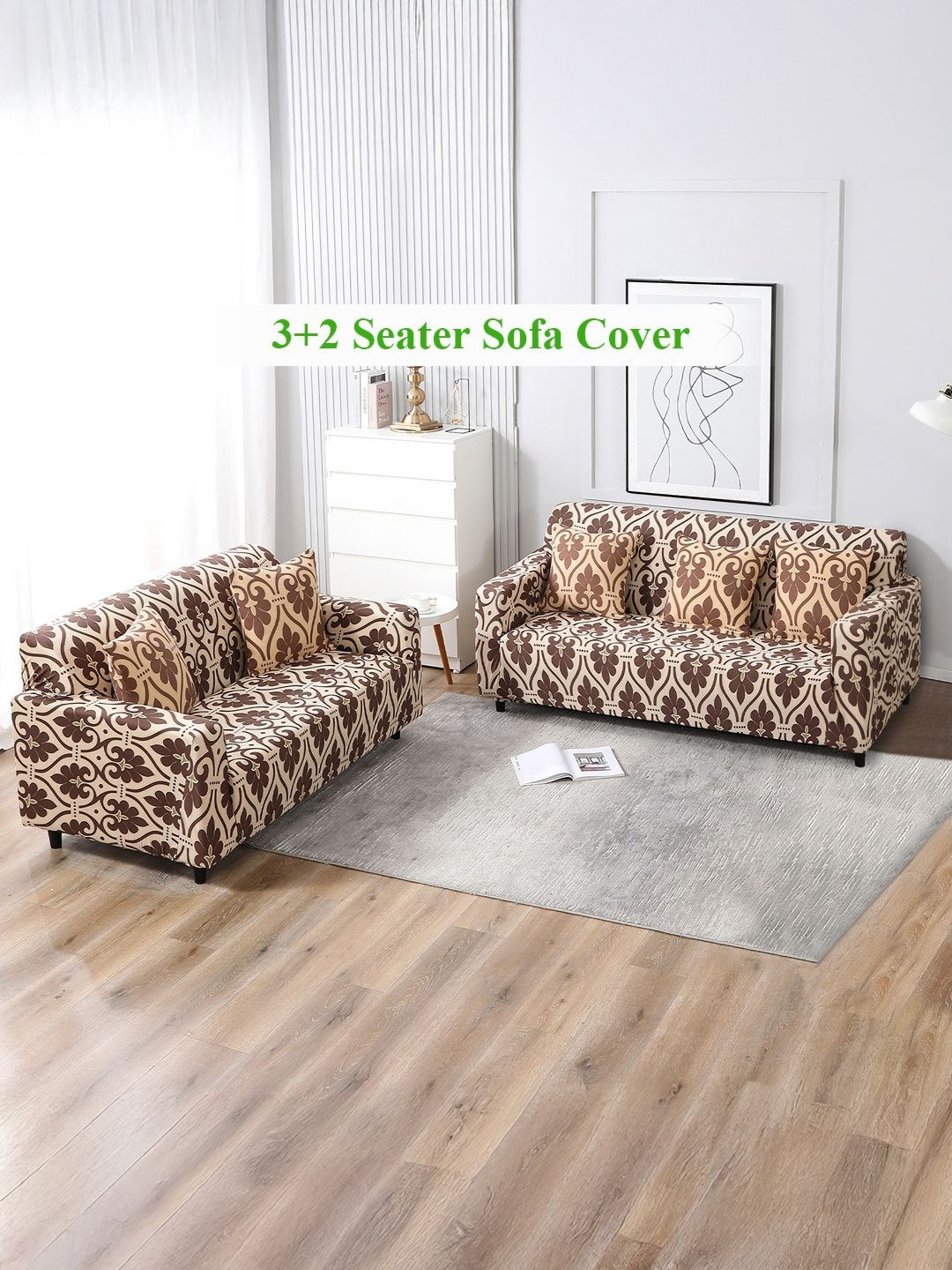HOKIPO Beige Damask Print 5 Seater Fully Covered Stretchable Sofa Cover