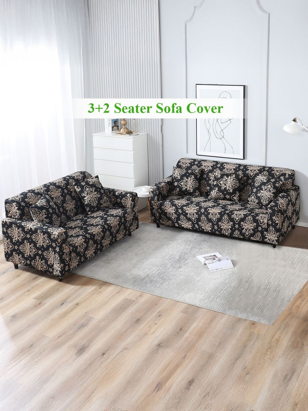 HOKIPO Black Damask Print 5 Seater Fully Covered Stretchable Sofa Cover