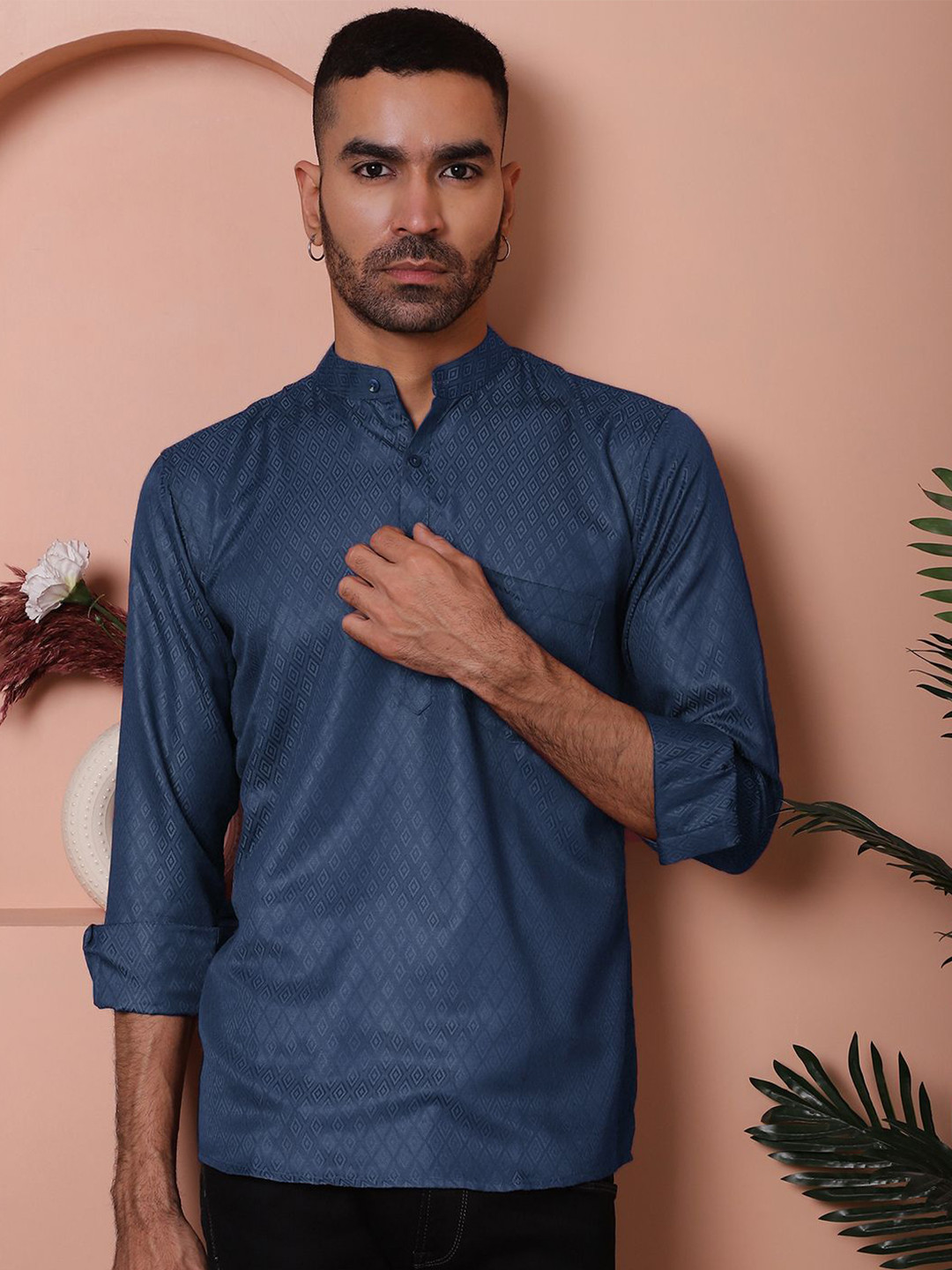 Jompers Geometric Woven Design Band Collar Pure Cotton Straight Short Kurta