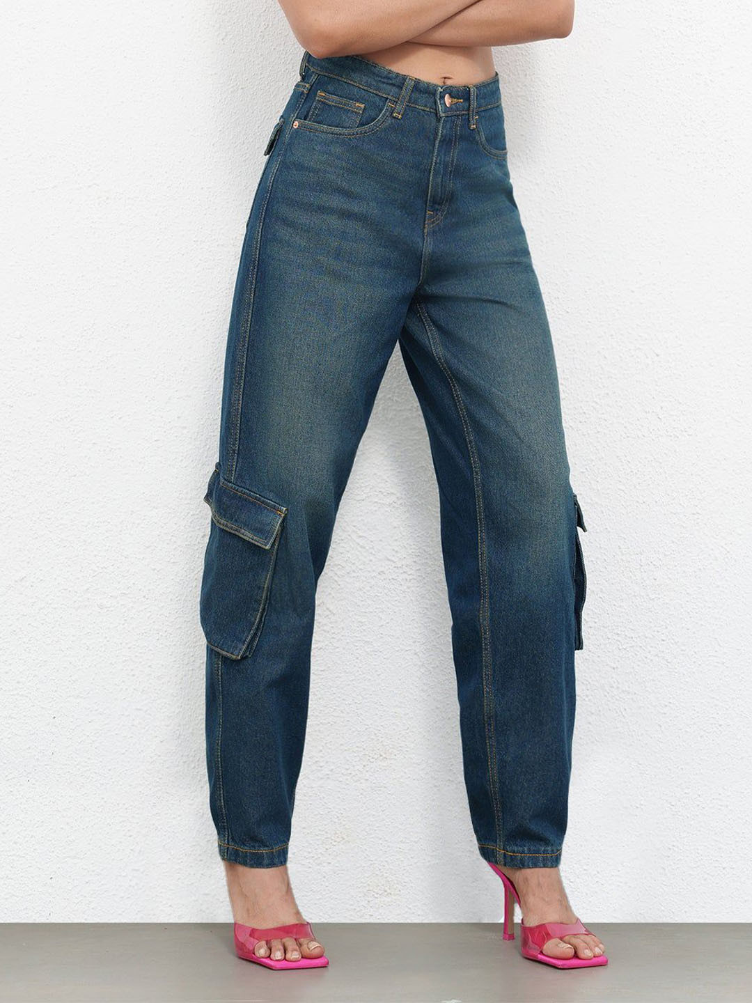 FREAKINS Women Rustic Blue Straight Fit Mid-Rise Cargo Jeans