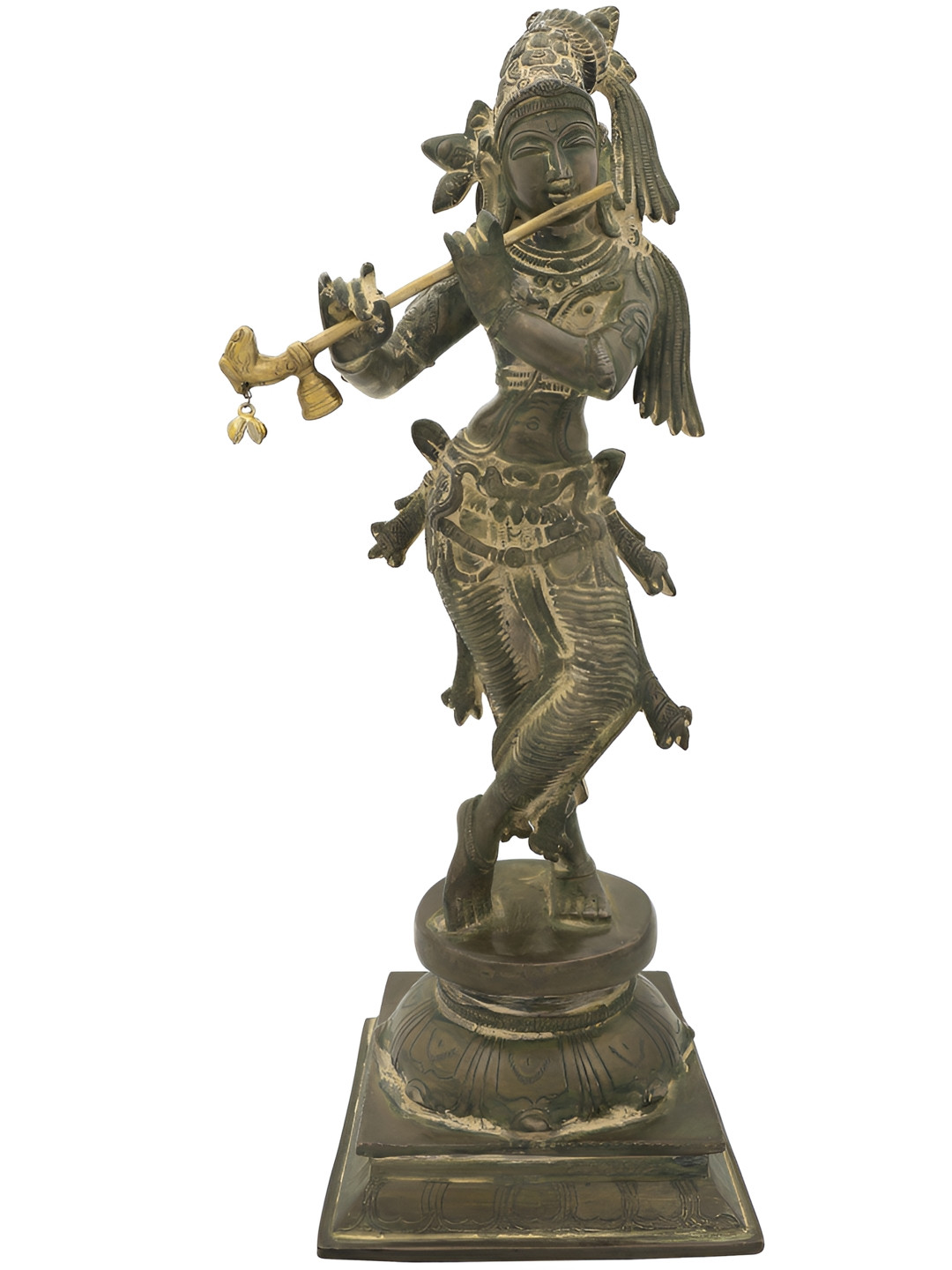 Exotic India Green & Beige Lord Krishna Religious Brass Idol Showpiece