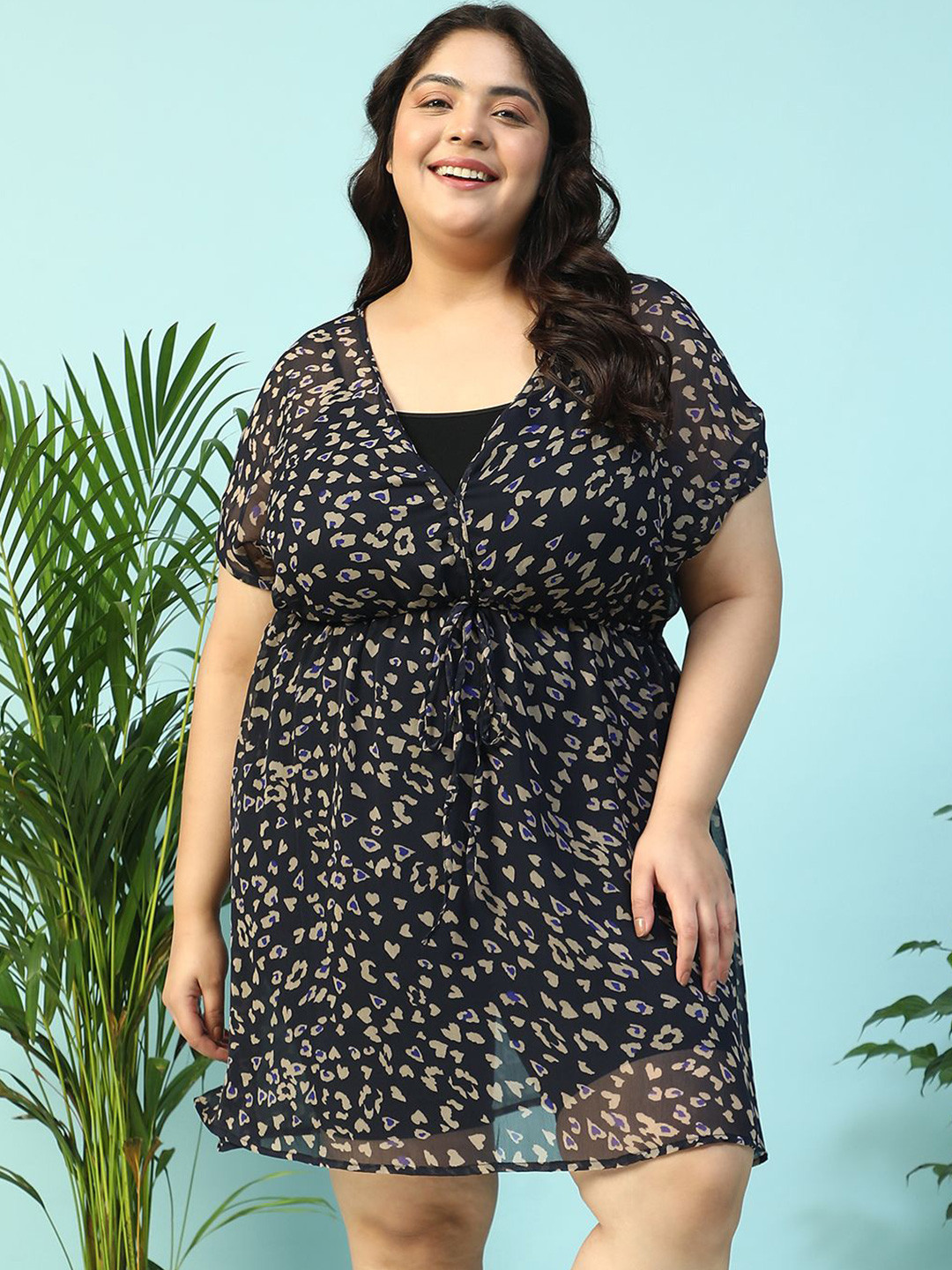 Oxolloxo Plus Size Animal Print Elasticated Waist with Tie-Up Detail Beach Kaftan