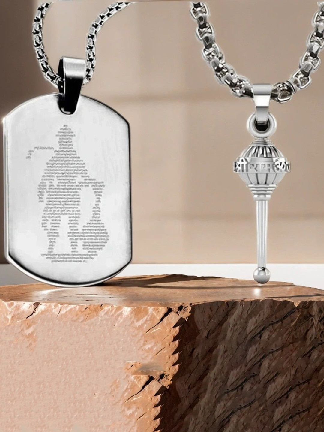 Uniqon Set Of 2 Micro-Carved Hanuman Chalisa Gada Single Plate Blade Pendants with Chains