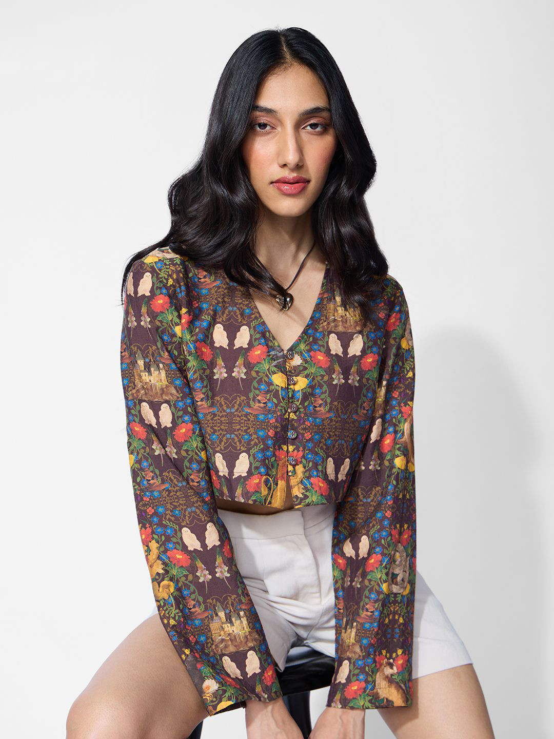 The Souled Store Women Harry Potter Foliage Floral Print Shirt Style Crop Top