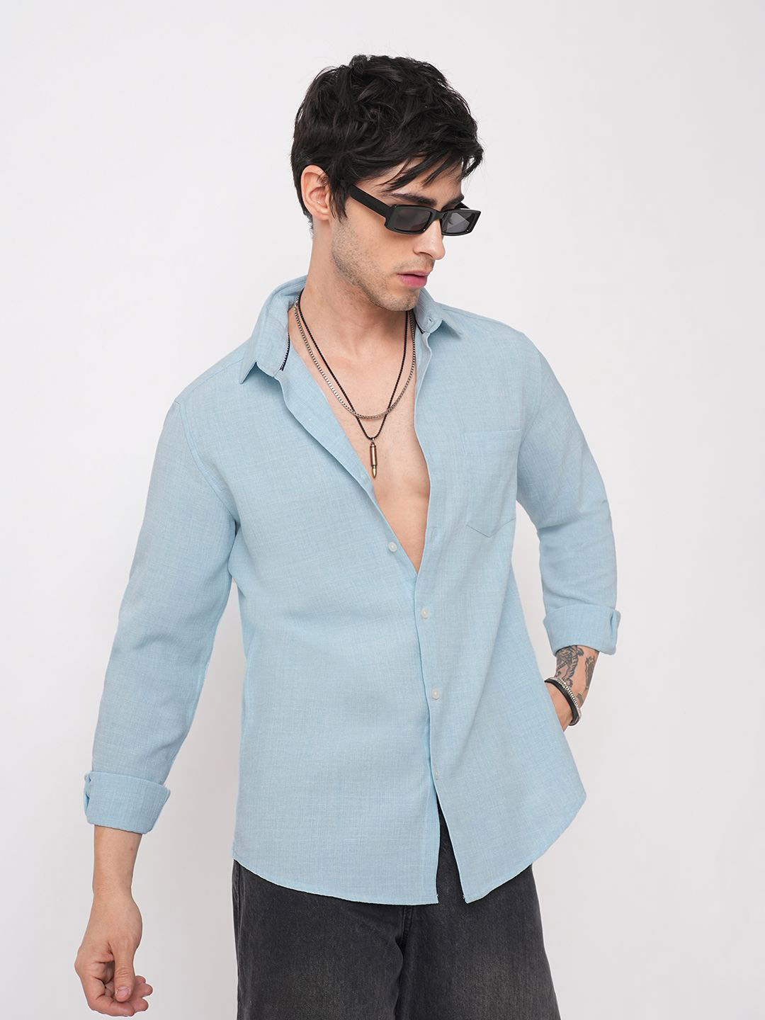 VASTRADO Men Sky Blue Slub Textured Shirt