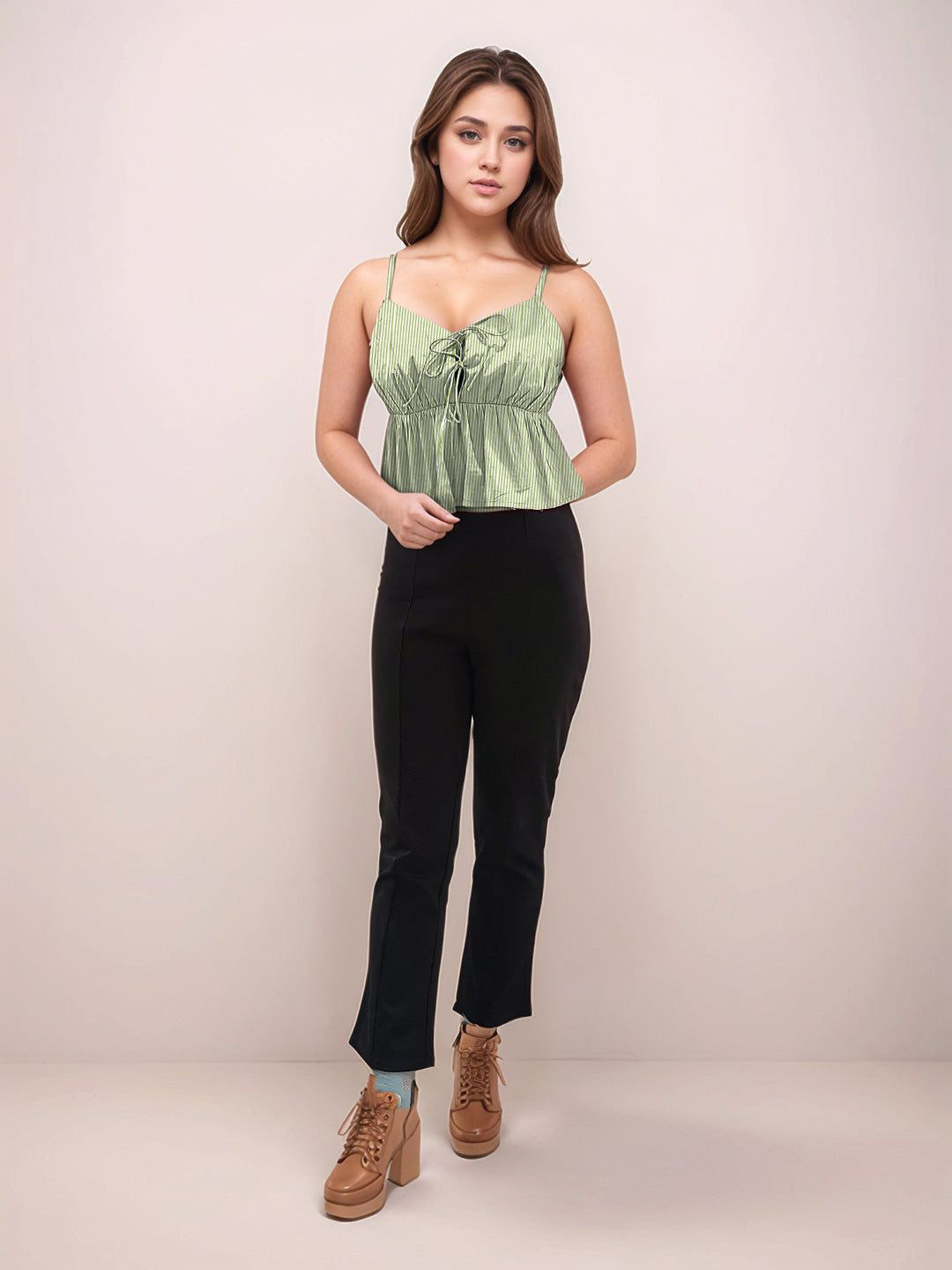 Zink London Women Green Stripes Tie-Up Neck Shoulder Straps Peplum & Tops
