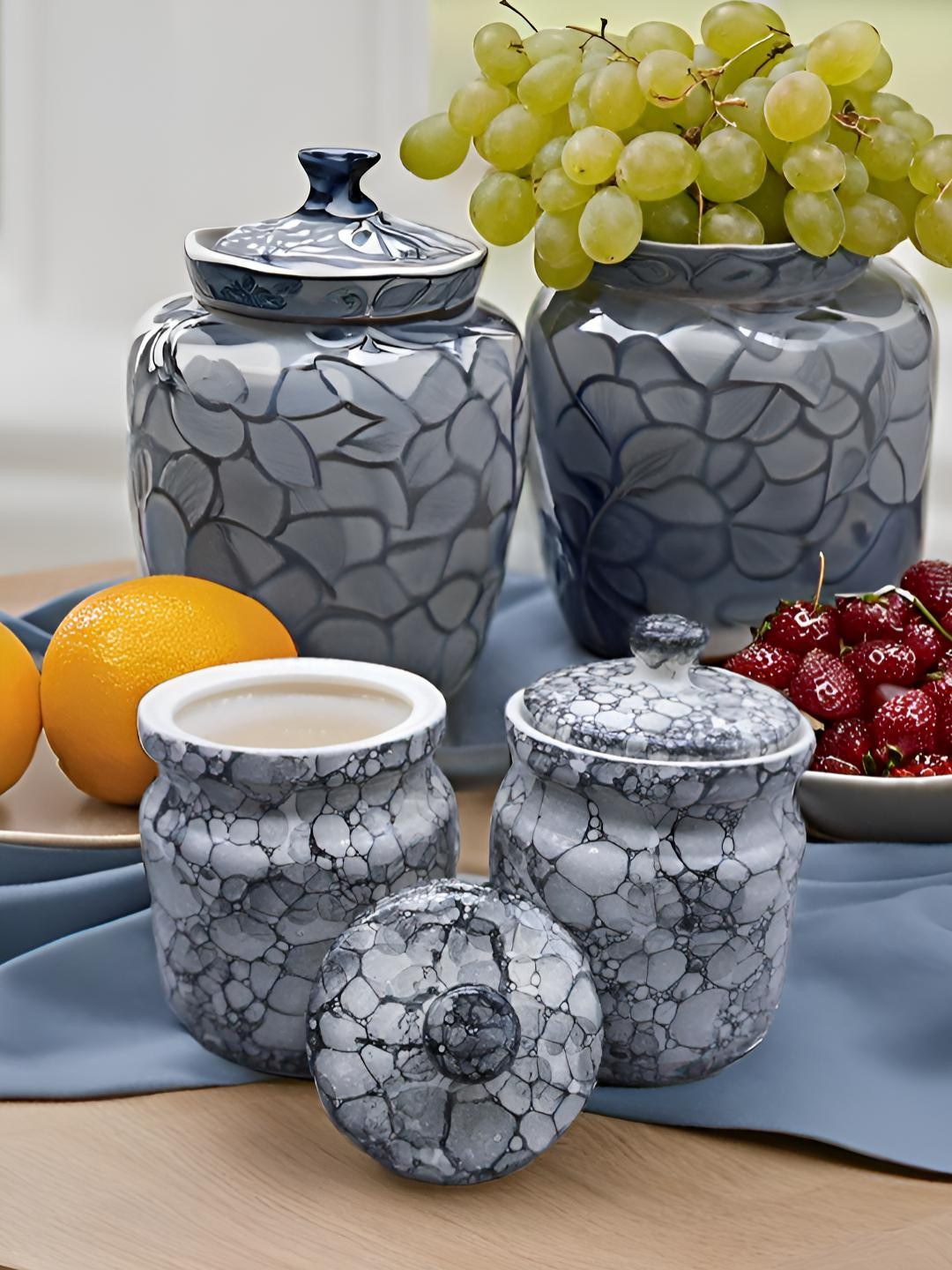 Kraftlik Handicraft 4-Pj1-Bl2 Grey Marble Ceramic Easy To Clean 2 Piece Flip Top Canister-1L