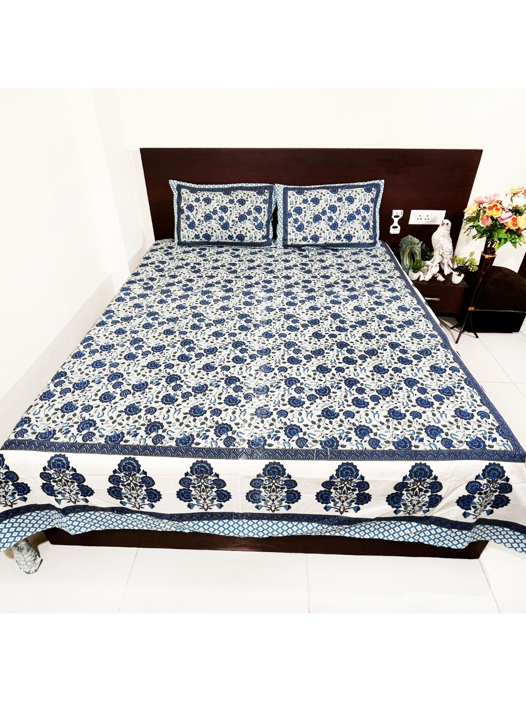 Marika Blue Floral Cotton Breathable 220 TC King Fine Bedsheet with 2 Pillow Covers-236 x 274 cm