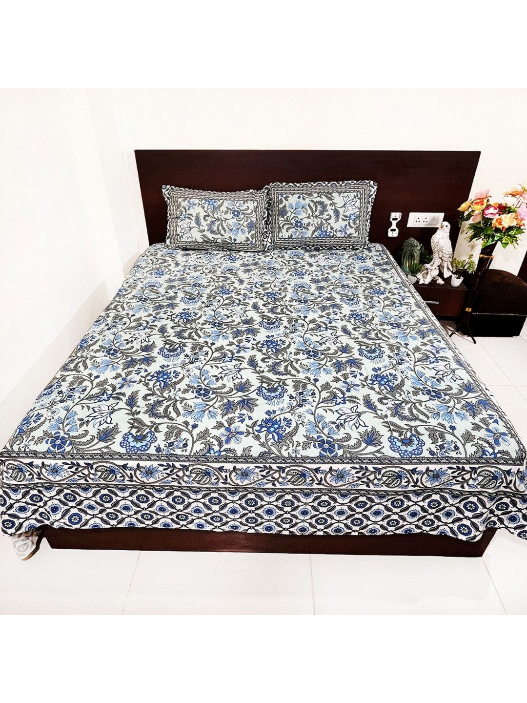 Marika White Floral Cotton Breathable 260 TC King Fine Bedsheet with 2 Pillow Covers-108 x 93 inches