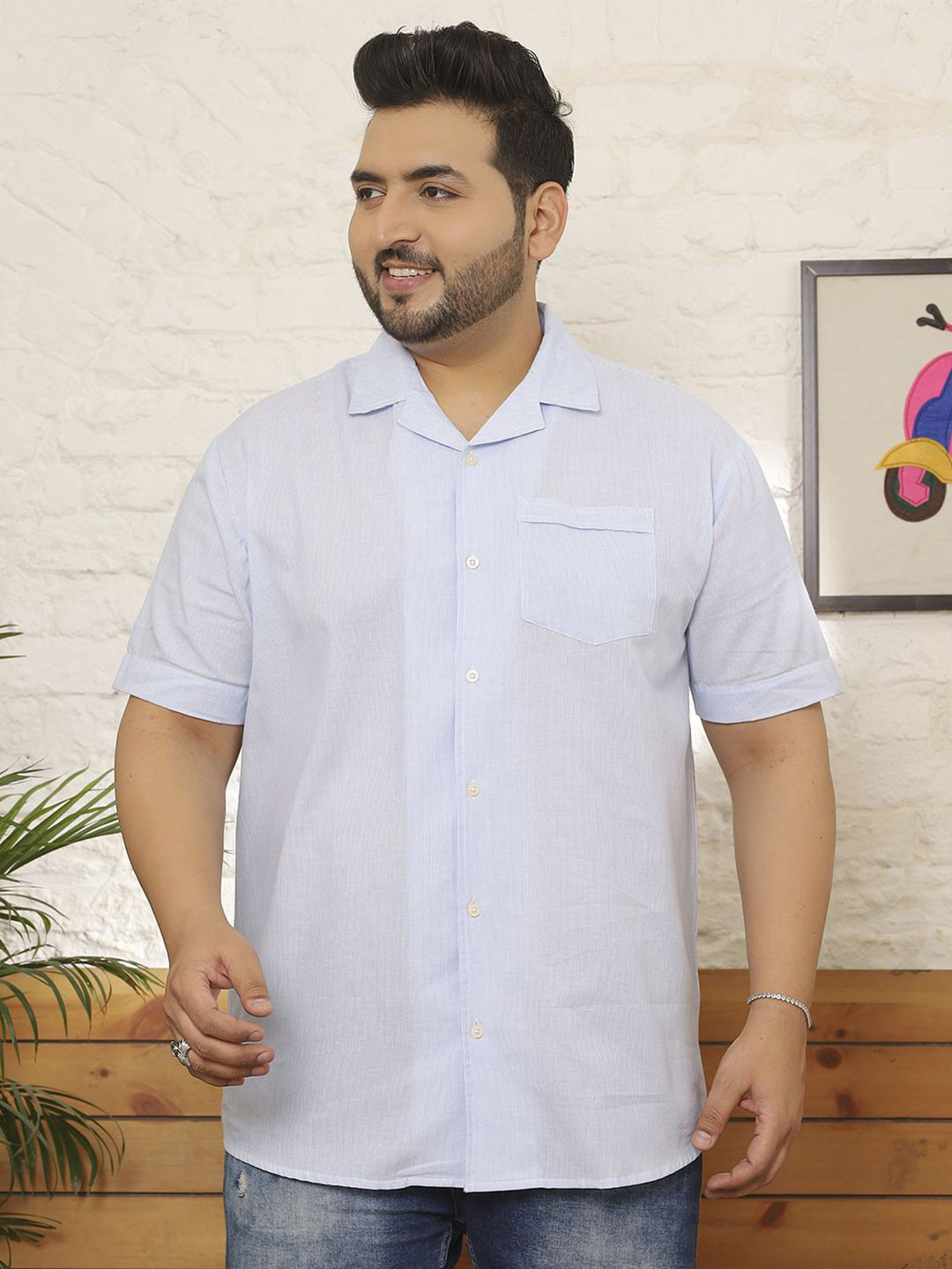 bigbanana Plus Size Pin Striped Cuban Collar Pure Cotton Shirt