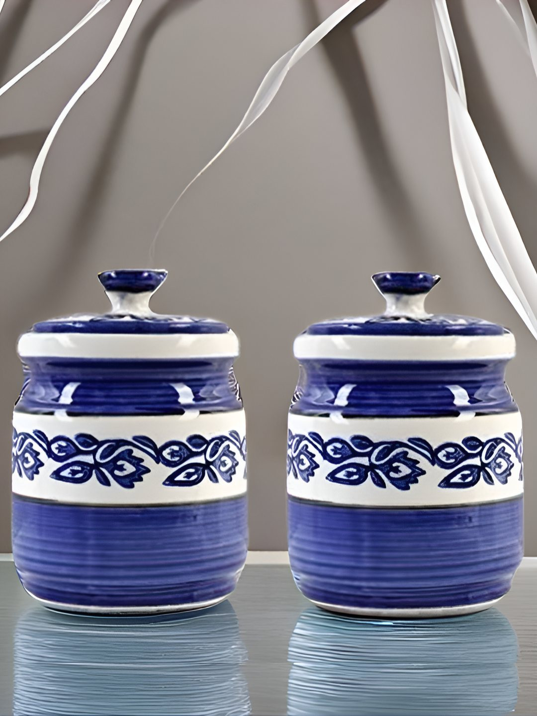 Kraftlik Handicraft 16-Pj1-Nb2 Blue Floral Ceramic Easy To Clean 2 Piece Clip-On Canister-1L