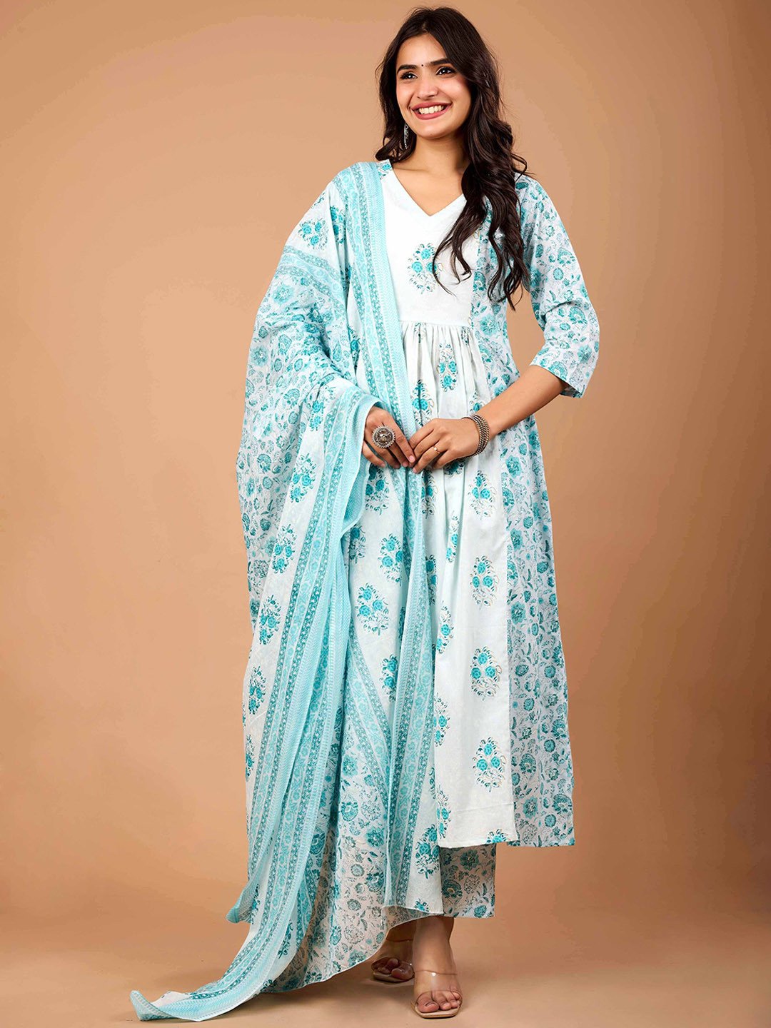 NAMA'S Women Floral Printed Cotton Kurta with Pyjama & Dupatta