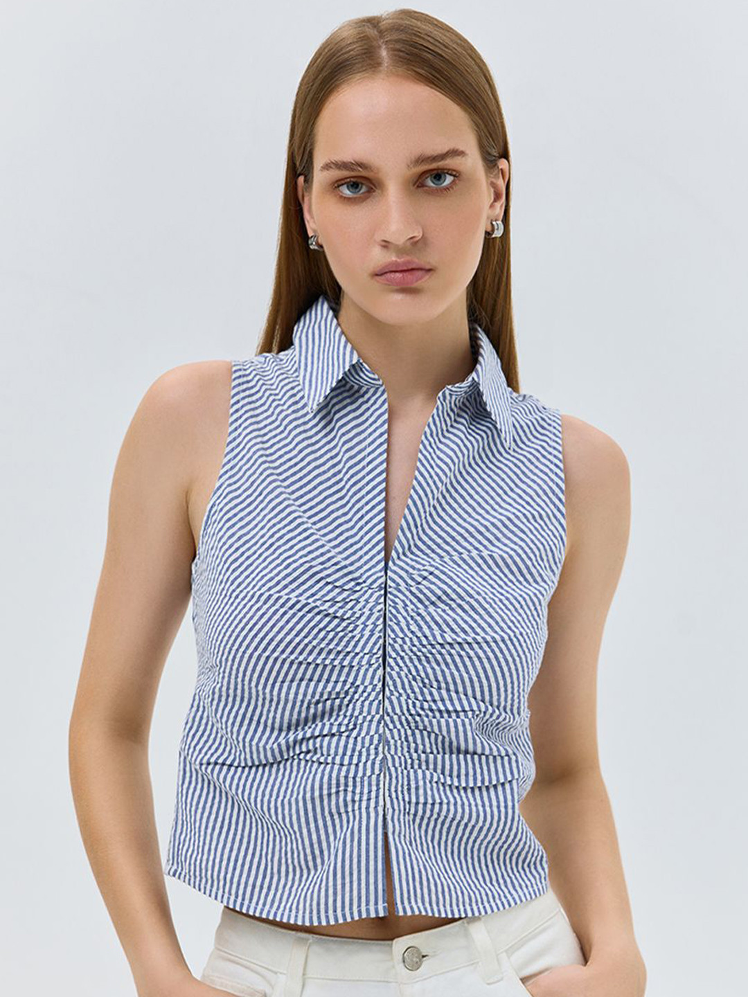 COVER STORY Women Striped Spread Collar Sleeveless Casual Shirt
