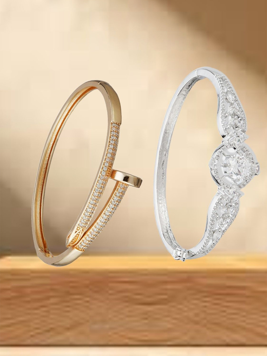 ATIBELLE SeOf 2 Silver-Plated Cubic Zirconia Studded Bangle-Style Bracelet